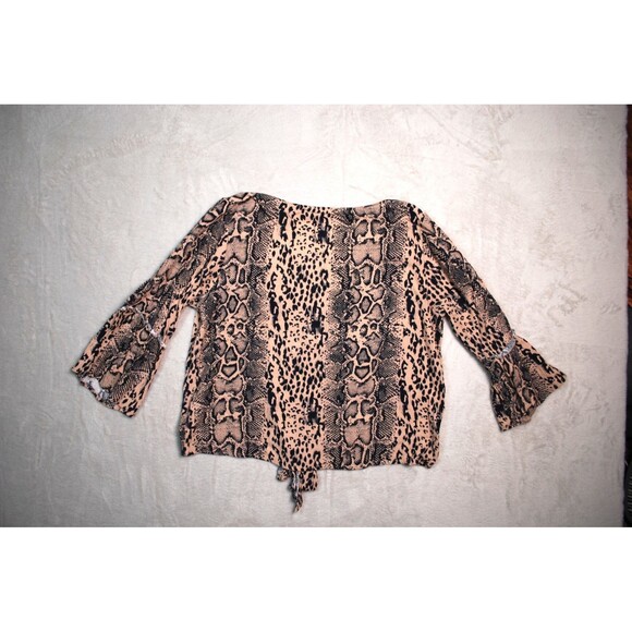 Peach Love Blouse Women's Small Brown Snakeskin Tie Front Bell Sleeve Crop Top - Picture 2 of 5